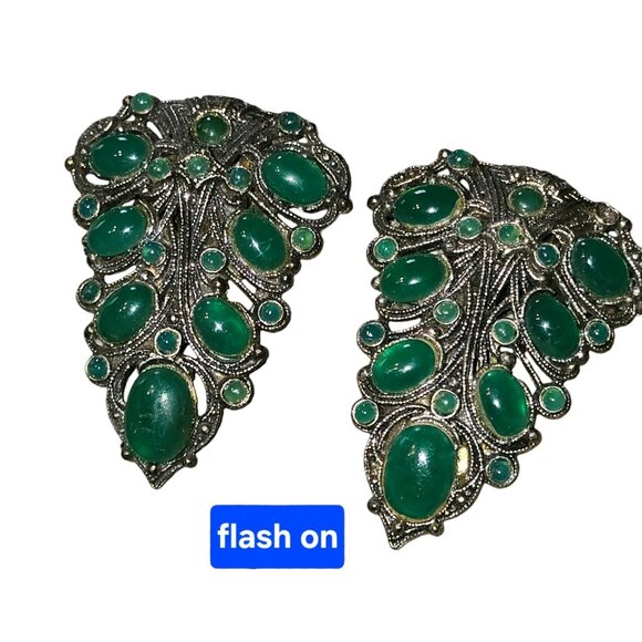 VTG Art Deco Green Leaf Cabochon Dress Clips Silver Tone 1930s 40s? Estate - Picture 11 of 12